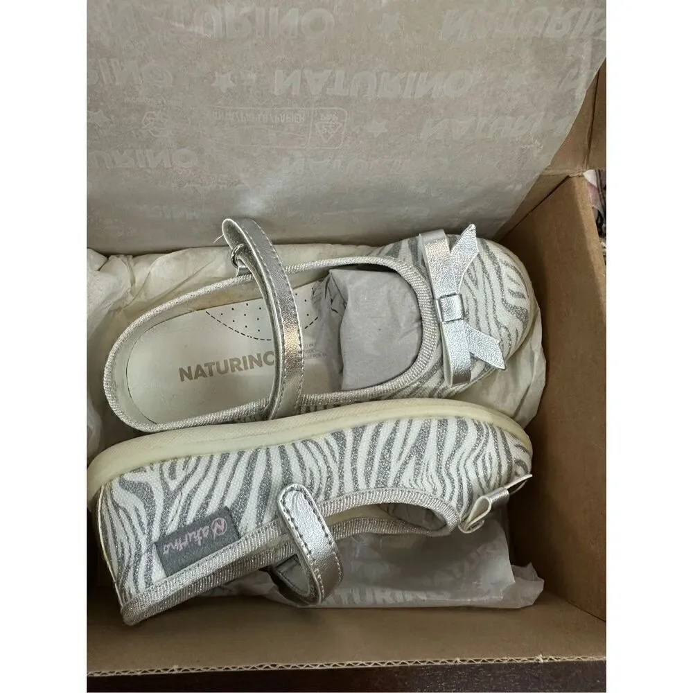 NATURINO CLARIES Zebra-print fabric ballet flats, White